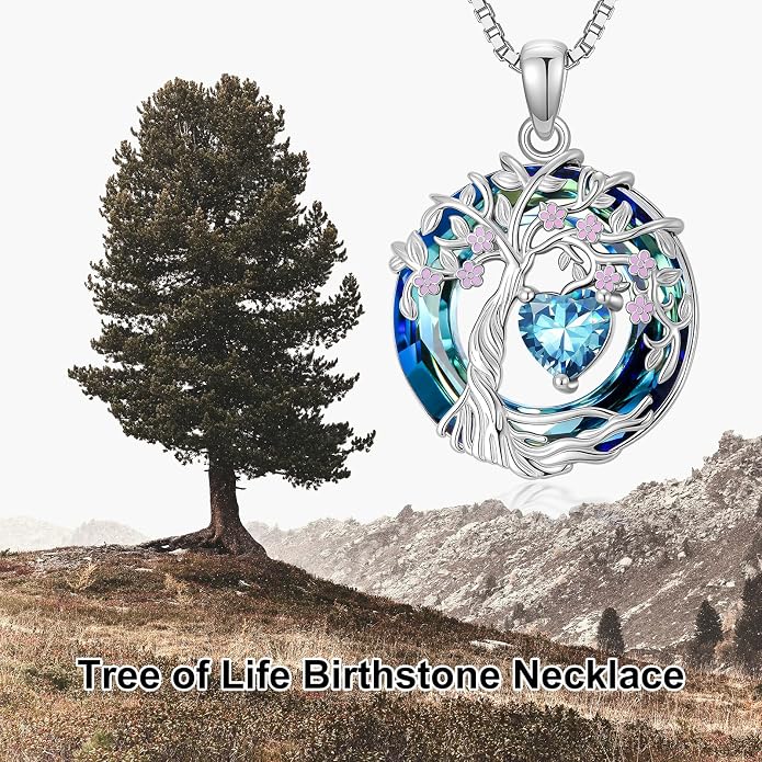 Tree of Life Birthstone Necklace 925 Sterling Silver Crystal Tree of Life Pendant Birthstone Jewelry Birthday Christmas Gifts for Women Mom Her Wife