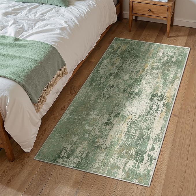 GENIMO 3x5 Rug for Entryway Washable Area Rug, Modern Abstract Small Throw Rugs for Entrance Living Room, Bedroom Beside Non-Slip Low Pile Lightweight Soft Carpet, Light Green