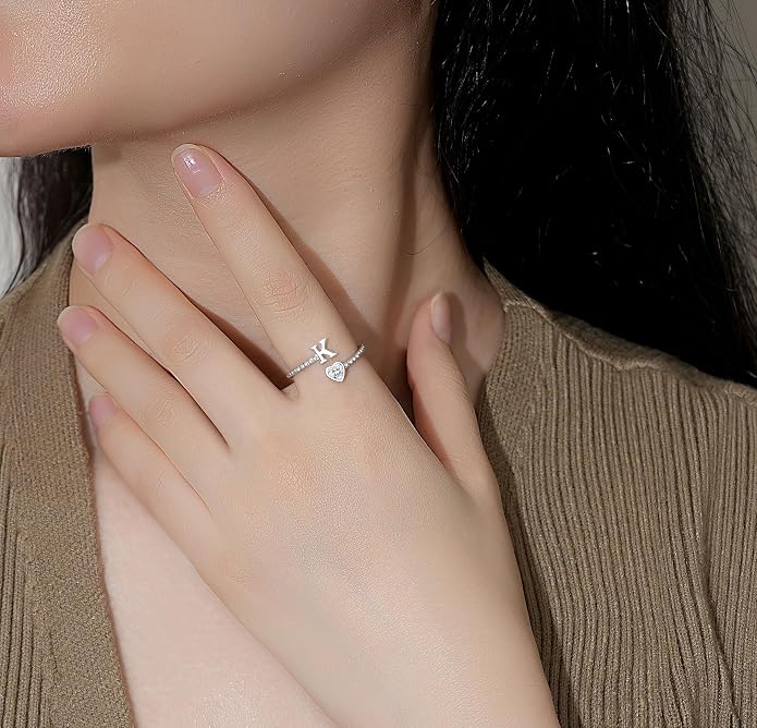 Step Forward 925 Sterling Silver Adjustable Initial Ring for Women | Non Tarnish Letter Rings for Lady | Alphabet Heart Thumb Rings | Capital Letter Jewelry Gifts