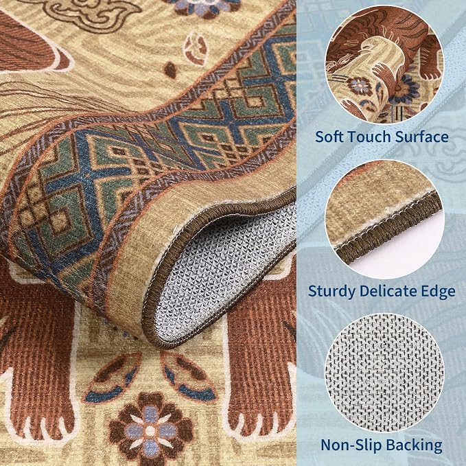 GarveeHome Tiger Print 6x9 Area Rugs, Boho Camel Washable Rugs for Living Room, Vintage Tribal Soft Animal Throw Rug Non Slip Ultra Thin Stain Resistant Floor Carpet for Bedroom Dining Room
