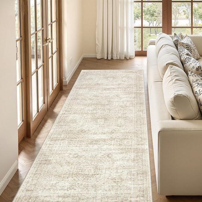 3x8 Runner Rug Non Slip,Washable Hallway Runner Rug,Beige | Neutral Rugs for Kitchen,Entryway,Bedroom,Bathroom,Nursery Room,Thin,Soft Runner Rug,Stain Resistant Indoor Carpet