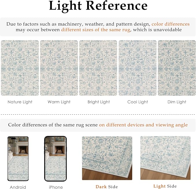 6x9 Blue Neutral Living Room Area Rug | Washable, Low Pile, Accent, Vintage, Soft, Non Slip, Carpet for Bedroom Dining Room Nursery Office Indoor Home Decor