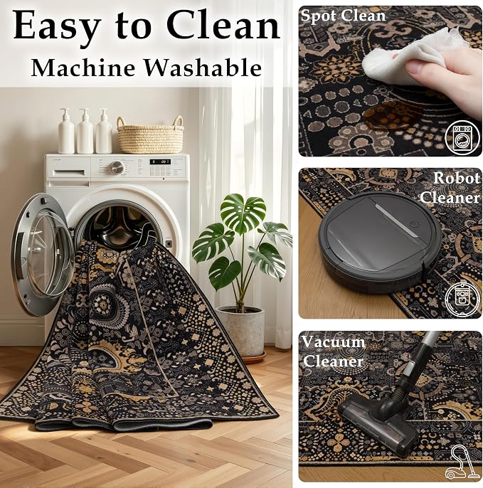 Ruaruarug Area Rug 8'×10', Non Slip Machine Washable Ultra Soft Stain & Fade Resistant, Pet & Kids Friendly, for Living Room/Bedroom/Kitchen/Classroom, Black and Gold