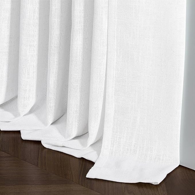 Snow White Short Pinch Pleat Linen Curtains 45 Inch Length 2 Panels Set | for Small Kitchen Windows, Rustic Country Linen, Light Filtering Privacy Semi Sheer, Pinch Pleated Back Tab Curtains, 40x45