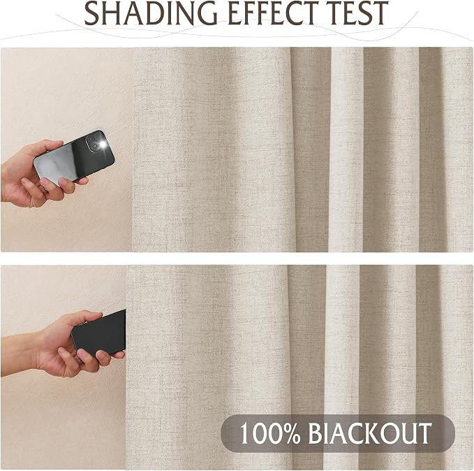 RYB HOME Linen Textured 100% Blackout Curtains Pinch Pleated & Back Tab Drapes Privacy Thermal Insulating for Living Room Kitchen Dining Bay Window, W 42 x L 96 inches, Linen, 2 Panels