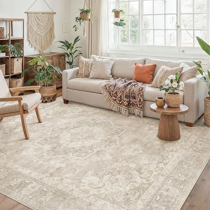 PureCozy 5x7 Area Rug Washable Beige Vintage Oriental Medallion | Non Slip, Soft Low Pile, Indoor Carpet for Bedroom, Living Room, Dining Room, Retro Decor
