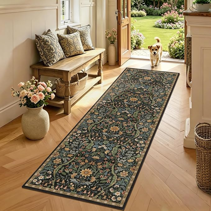 2x6 Washable Runner Rug,Black Brown Floral Boho Area Rug for Hallway,Low-Pile Non-Slip Stain Resistant Carpet for Kitchen, Bedside,Laundry Room,Entryway