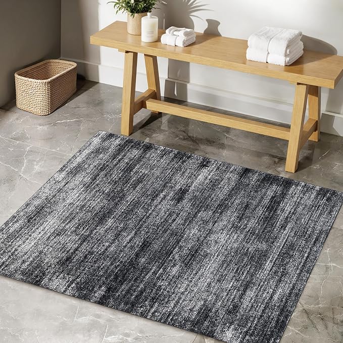 BILEEHOME 2x3 Entryway Rug Small Abstract Black Area Rugs Non Slip Washable | Minimalist Neutral Modern, Low Pile Soft Carpet, for Bedside Bathroom Kitchen, Hardwood Floor Protector, Rubber Backing