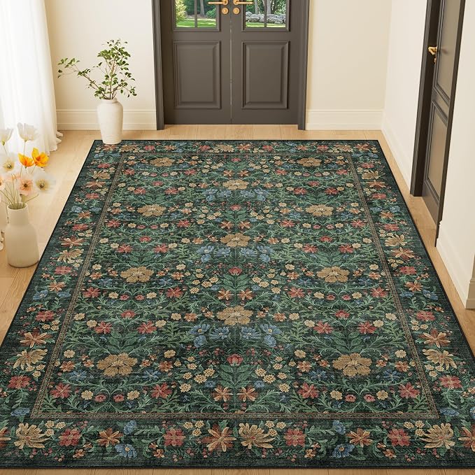 DUKINO 4x6 Rug for Living Room, Washable Vintage Floral Area Rug, Green | Non Slip, Low Pile, Non-Shedding, Aesthetic Lightweight Soft Indoor Carpet for Bedroom Kitchen Bathroom Entryway Farmhouse