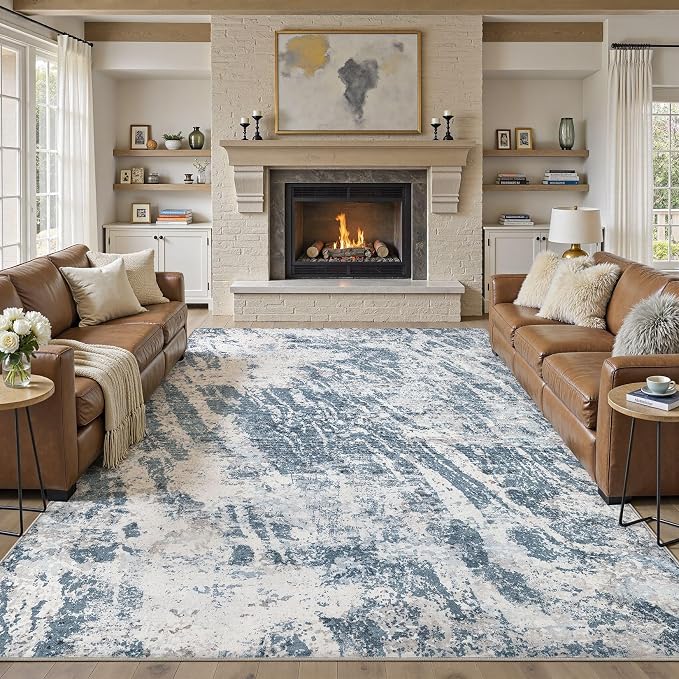 DMOYEST 7x9 Washable Area Rug: Abstract Modern Non-Slip Carpet, Soft Low Pile Indoor Neutral Easy Clean Floor Rugs for Living Room Bedroom Dining Room Kids & Pets - Blue