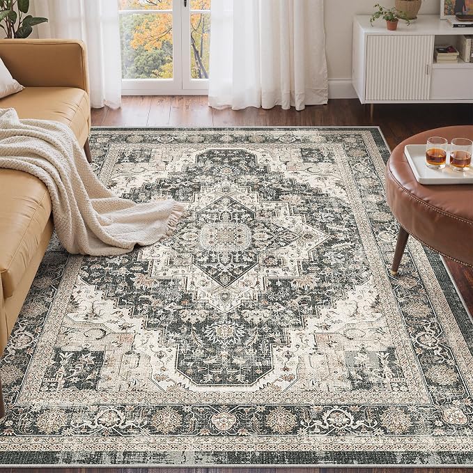 Roxstand 3x5 Washable Area Rug, Small Non Slip Rug, Black/Beige | Non-slip Backing, Low-Pile, Stain Resistant, Pet Friendly, For Living Room, Bedroom, Dining Room, Nursery