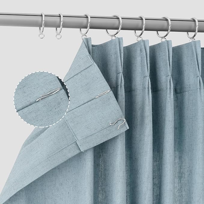 Dusty Blue Pinch Pleated Semi Sheer Curtains 108 Inches long for Living Room 2 Panels Set Flax Linen Pleat Drapes Back Tab Farmhouse Boho Ceiling to Floor 108 Inch Curtains for Bedroom Window 9 FT