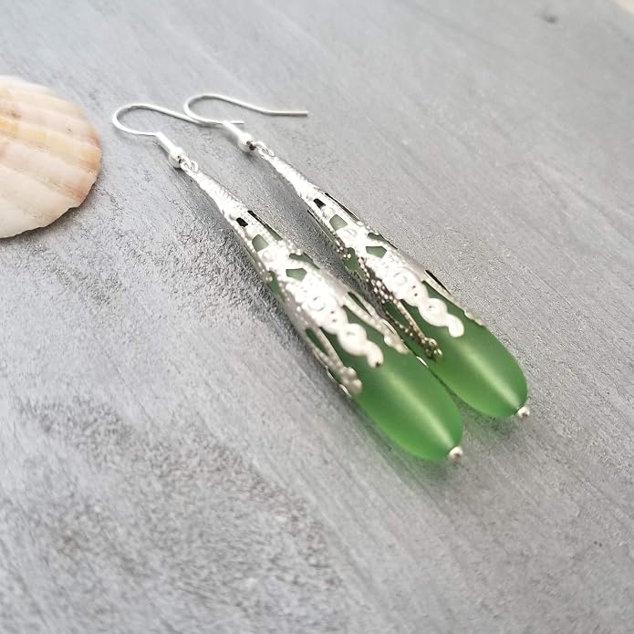 Handmade Sea Glass Earrings, Hawaiian Jewelry for Women, Long Teardrop Earrings Beach Jewelry, Sea Glass Jewelry For Women Birthday Gift For Her