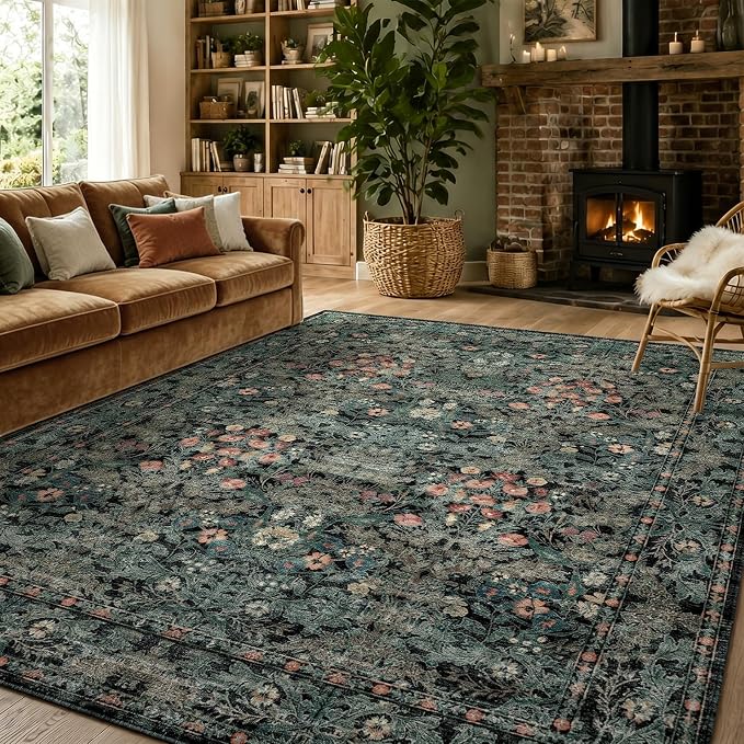 Boho Dark Green Floral Area Rug 8x10 for Living Room, Washable Farmhouse Moody Rug for Bedroom, Dining Room Under Table, Cottage Core Distressed Low Pile Non Slip Carpet, Soft Large Mat