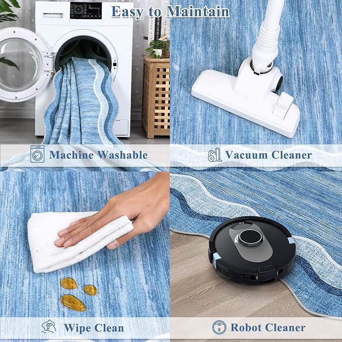 Garvee Washable Runner Rug 2x6 Scalloped Rugs for Bathroom Modern Kitchen Hallway Rugs Stain-Resistant Non-Slip Solid Rug Soft Scalloped Entryway Carpet Runner for Bathroom Laundry Bedside(Blue,2x6ft) | Modern Long Runner Rug for Entryway Bedroom, Non ...