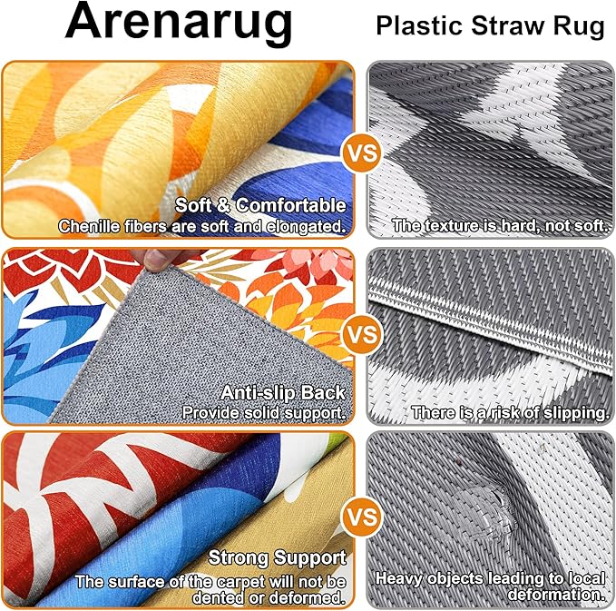 Colorful 4x6 Outdoor Area Rug Washable Rugs Multicolored Patio Rug Tropical Botanical Floral Chenille Outdoor Carpet Non Slip for RV, Pool Deck, Backyard, Porch, Vivid Dahlia