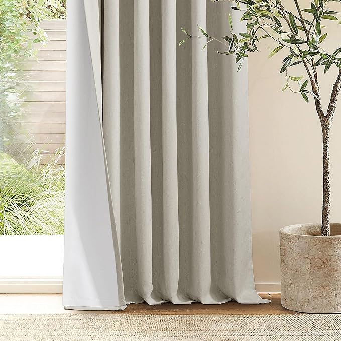 Oatmeal Beige Pinch Pleated 100% Blackout Linen Bedroom 96 Inch Curtains | Double Layer for Black Out Room Darkening, Pinch Pleat Rings Hooks Back Tab, Memory Shape Trained, for Living Room, 2 Panels