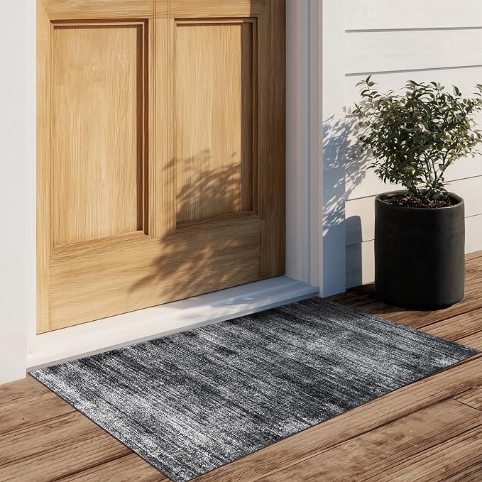 BILEEHOME 2x3 Entryway Rug Small Abstract Black Area Rugs Non Slip Washable | Minimalist Neutral Modern, Low Pile Soft Carpet, for Bedside Bathroom Kitchen, Hardwood Floor Protector, Rubber Backing