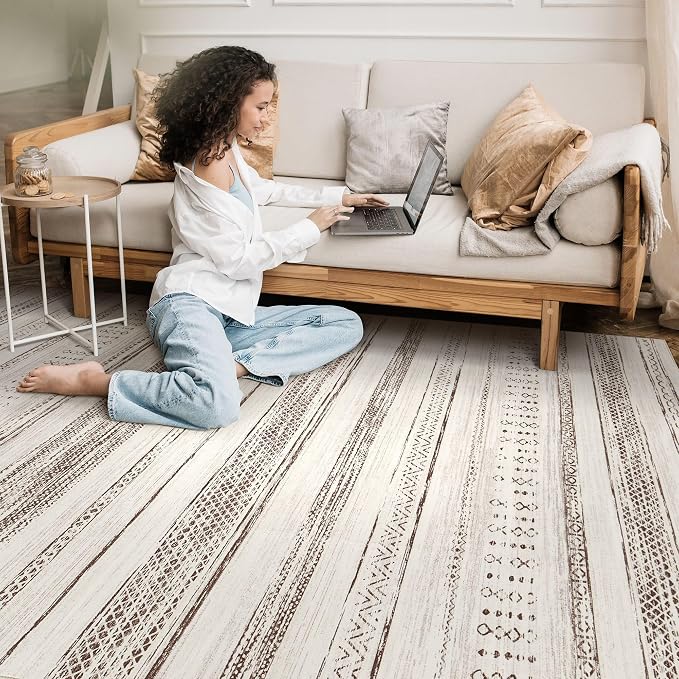 Tortania Area Rug Living Room Rugs - 6x9 Washable Large Soft Neutral Boho Moroccan Bohemian Farmhouse Rug Indoor Floor Carpet for Bedroom Under Dining Table Home Office Decor - Brown Beige