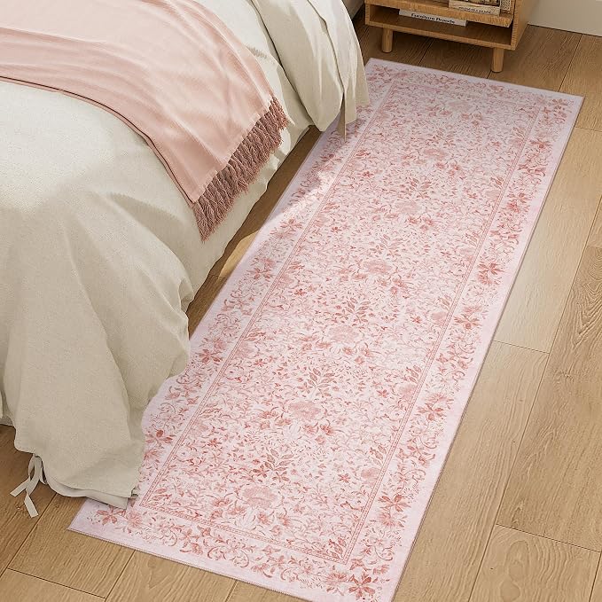 DUKINO 2x6 Runner Rug, Washable Vintage Floral Kitchen Rug, Pink | Non Slip, Low Pile, Stain Resistant Boho Soft Throw Carpet Runner for Hallway Bathroom Laundry Bedroom Entryway, Non-Shedding