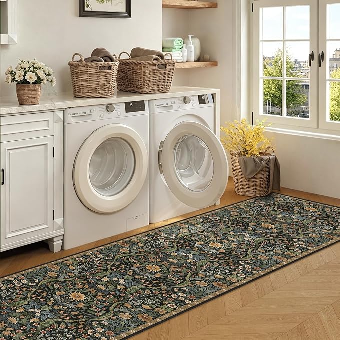 3x12 Washable Runner Rug,Black Brown Floral Boho Area Rug for Hallway,Low-Pile Non-Slip Stain Resistant Long Carpet for Kitchen, Bedside,Laundry Room,Entryway