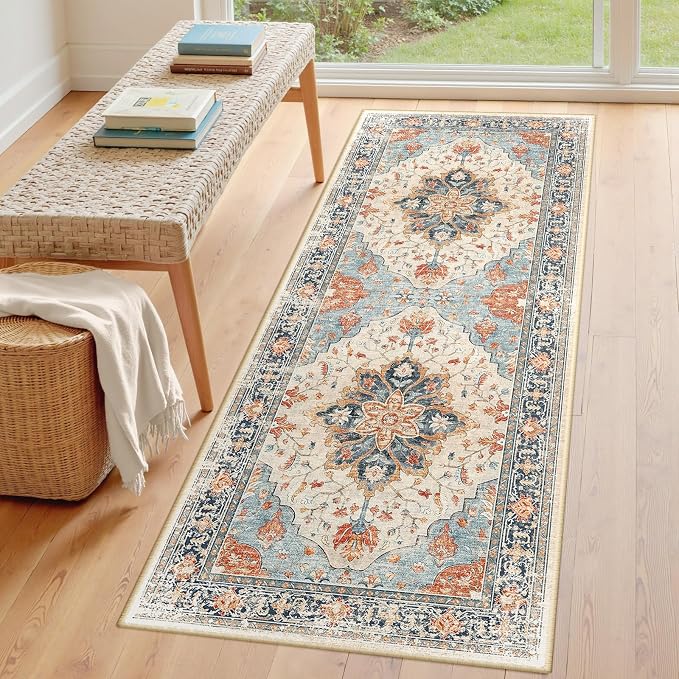 RELEANY Area Rugs Runner 3'x6' Washable Non-Slip, Floral Vintage Distress Medallion Carpet for Kitchen Hallway Bedroom Beside Laundry Room Bathroom, Beige Navy Blue Orange Colorful