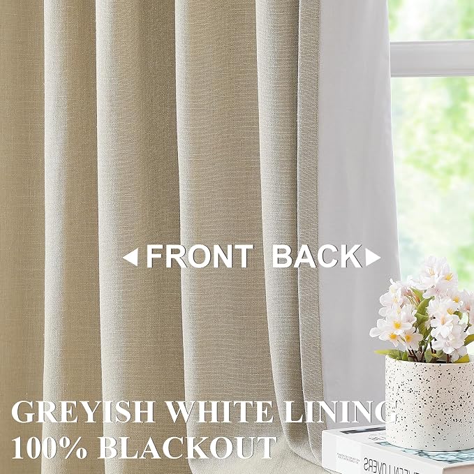 Vision Home Sand Pinch Pleated Full Blackout Curtains Linen Blended Room Darkening Window Curtains 90 inch for Living Room Bedroom Thermal Insulated Pinch Pleat Drapes with Hooks 1 Panel 60" Wx90 L