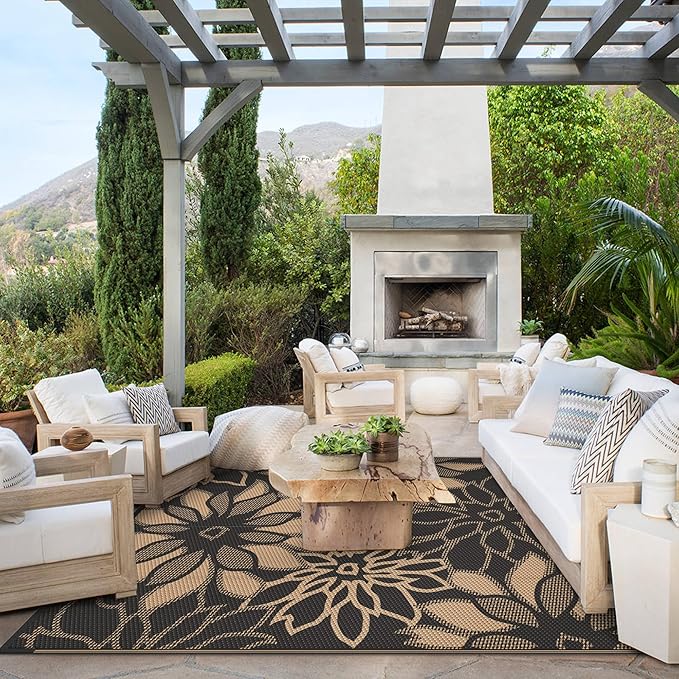 GENIMO Outdoor Rug, Waterproof Plastic Rugs for Patio, 6'x9' Walnut Black | Outside Larger Leaf Carpet Mat for Porch Decor, Deck, Balcony, Camping, RV, Backyard, Picnic, Beach, Reversible, Foldable