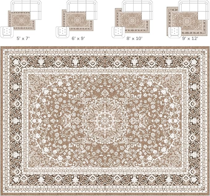 Lessymo 9 x 12 Area Rugs for Living Room, Machine Washable Area Rugs Boho Faux Wool Low Pile Area Rug for Bedroom, Floral Medallion Vintage Rugs with Non-Slip Rubber, Kid & Pet Friendly, Brown White