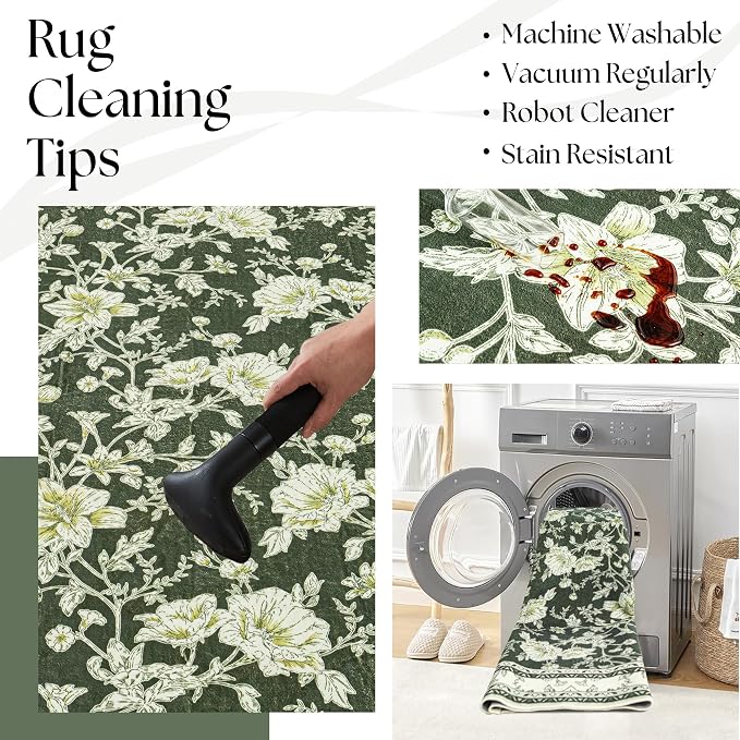Olive Green Boho 9x12 Rug Living Room Extra Large Washable Non Slip Soft Farmhouse Carpet for Bedroom Dining Room Playroom Cream Beige and Green Peony Lily Aesthetic Pattern Floral Area Rug