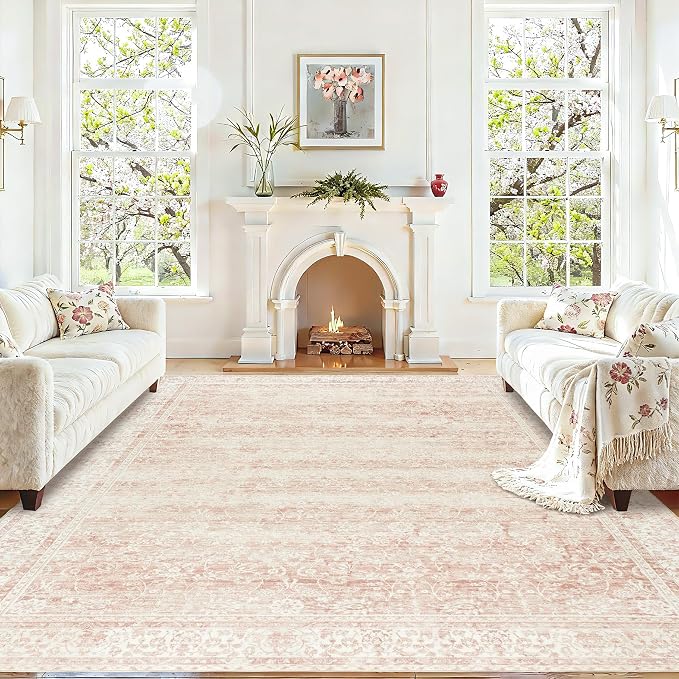 BILEEHOME Pink Washable 9x12 Area Rugs for Living Room Big Girls Bedroom Blush Pink Low Pile Soft Non Slip Neutral Boho Floral Extra Large Area Rug for Nursery Playroom Dining Room,9 by 12