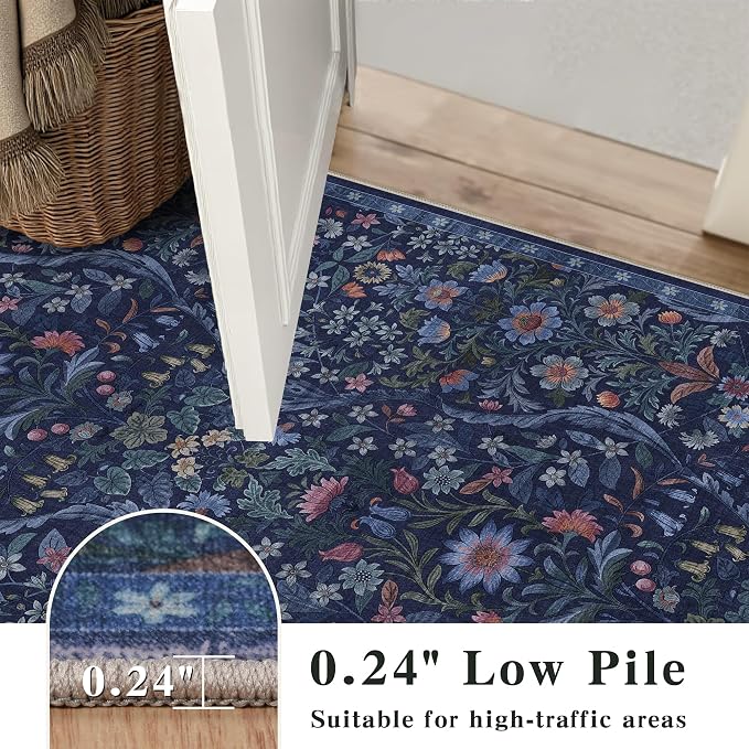 8x10 Washable Area Rug for Living Room, Large Blue Beige Floral Rugs, Soft Non-Slip Stain Resistant Boho Lightweight Carpet for Bedroom Dining Room Nursery Home Office