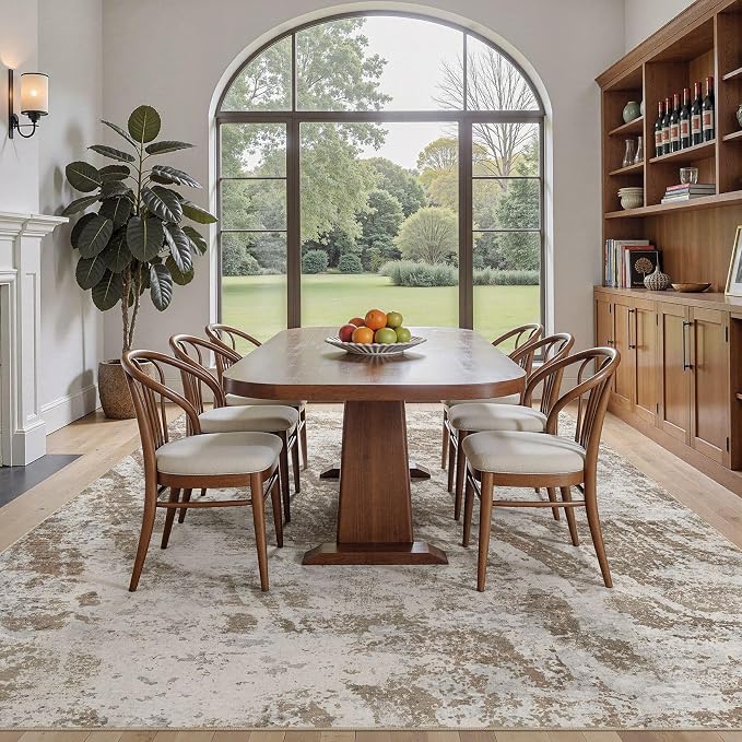DMOYEST 8x11 Washable Area Rug: Abstract Modern Non-Slip Carpet, Soft Low Pile Indoor Neutral Easy Clean Floor Rugs for Living Room Bedroom Dining Room Kids & Pets - Brown