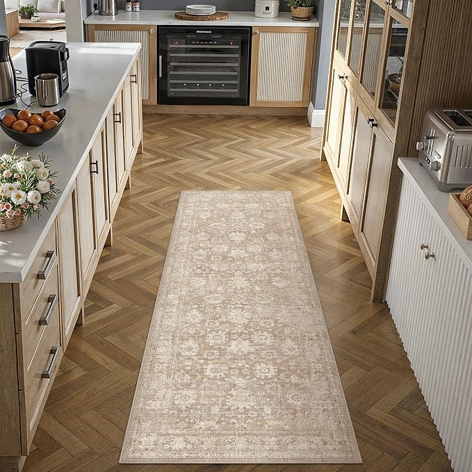 HUGEAR 2x6 Runner Rug Beige Machine Washable Rug Room Decor Vintage Distressed Hallway Rugs Low Pile Carpet Non Slip Washable Rugs for Kitchen Laundry Room Living Soft Lightweight