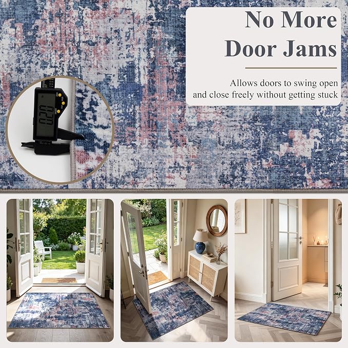 Sasttie 2x10 Soft Runner Rug for Entryway, Modern Abstract Washable Carpet for Hallway, Kitchen and Laundry Room, with Non-Slip Backing, Pink and Blue