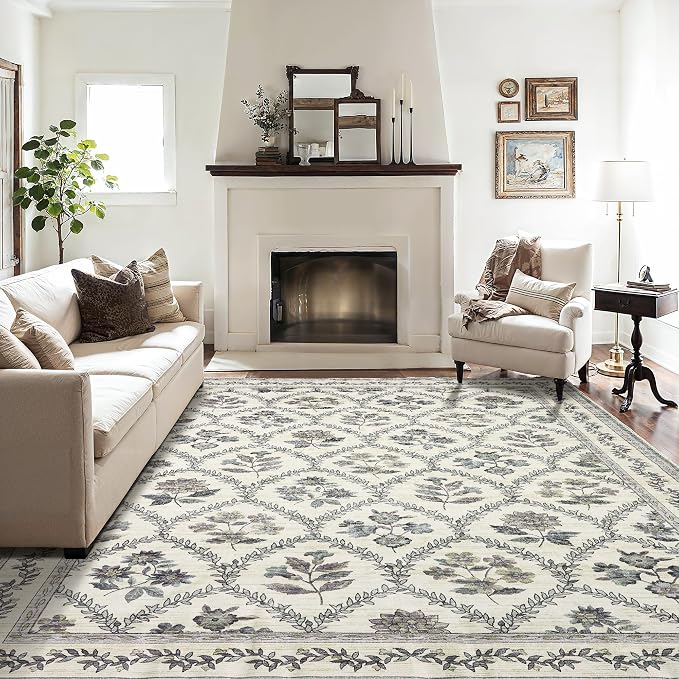 Large Blue and Green Area Rug 9x12 for Living Room Large Dark Blue on Cream Modern Boho Rugs for Guest Bedroom Soft Vintage Farmhouse Floral Carpet for Dining Room Home Decor