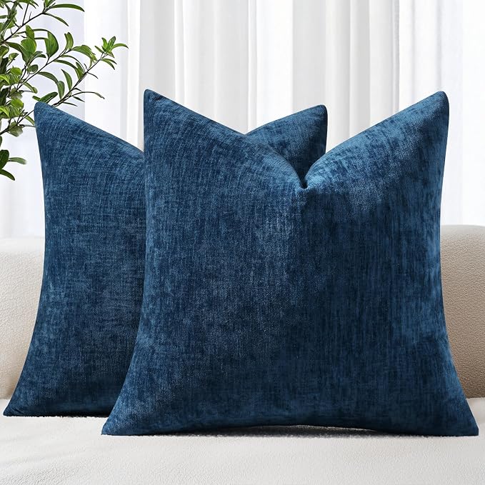 decorUhome Soft Chenille Navy Blue Throw Pillow Covers 26X26 Set of 2 | Decorative Fall Couch Pillow Covers Solid Dyed Accent Modern Euro Sham Farmhouse Neutral Square Pillow Cases for Sofa
