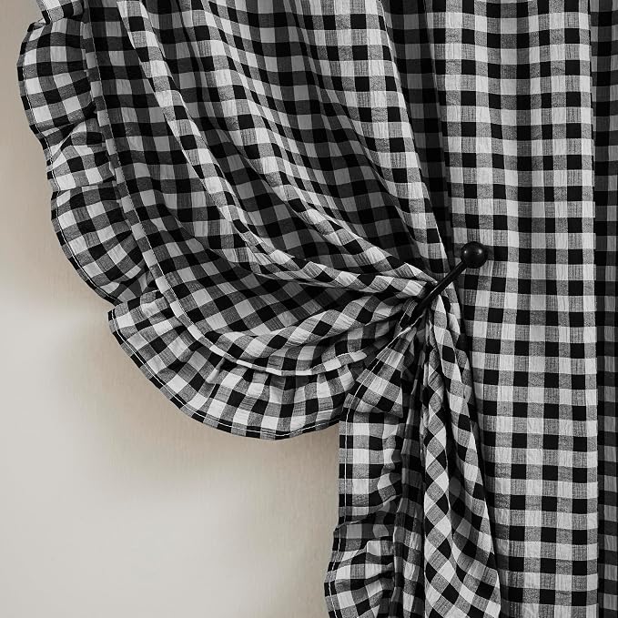 ZJDECOR Black White Buffalo Plaid Ruffle Window Curtains 84 Inches Long | Woven Crinkle Not-See-Through Sheer Drape,Rustic Shabby Chic Window Treatment,Bedroom Living Room,Rod Pocket,40"Wx84"Lx2