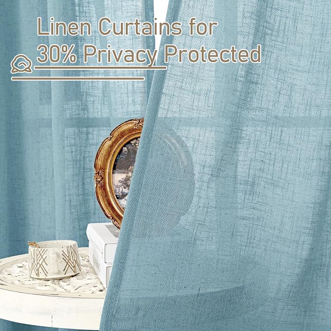 LAMIT Stone Blue Linen Curtains 90 Inch for Living Room, Back Tab and Rod Pocket Linen Textured Farmhouse Panels Light Filtering Drapes for Bedroom/Dining Room, Set of 2, 52 x 90 Inch
