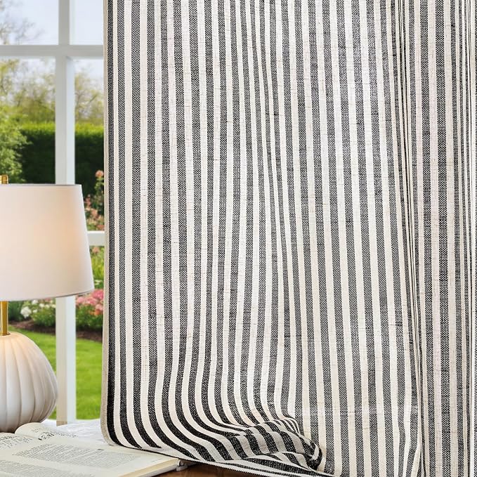 Vangao Linen Stripe Black Curtains Tickingstripe Light Filtering Window Curtains Pinstripe Printed on Beige Drapes 96 Inches Long for Living Room Bedroom Dorm 2 Panels