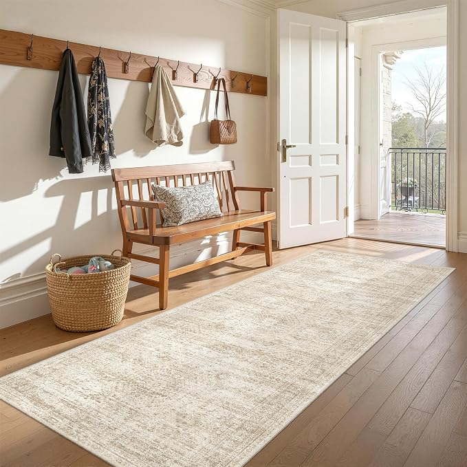 3x8 Runner Rug Non Slip,Washable Hallway Runner Rug,Beige | Neutral Rugs for Kitchen,Entryway,Bedroom,Bathroom,Nursery Room,Thin,Soft Runner Rug,Stain Resistant Indoor Carpet