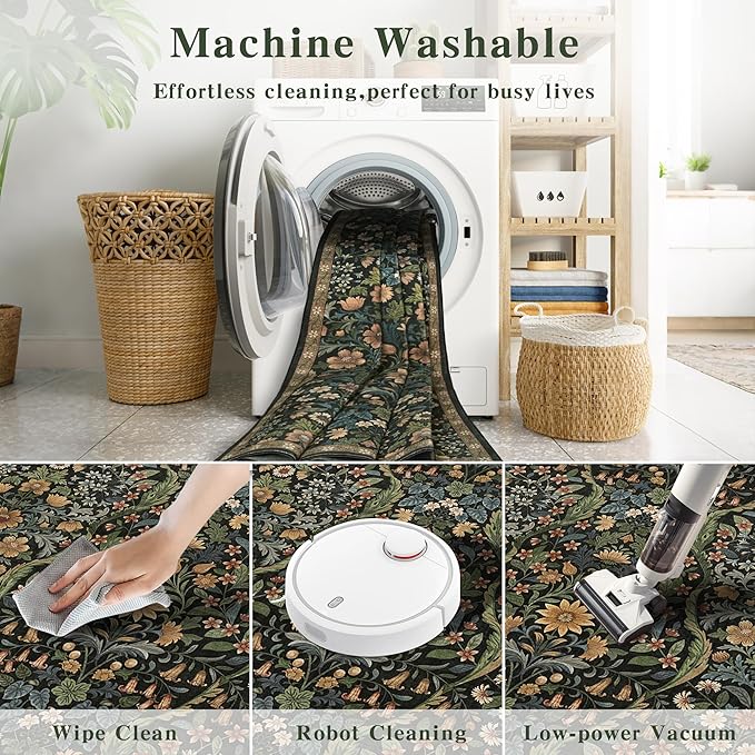 3x7 Washable Runner Rug,Black Brown Floral Boho Area Rug for Hallway,Low-Pile Non-Slip Stain Resistant Carpet for Kitchen, Bedside,Laundry Room,Entryway