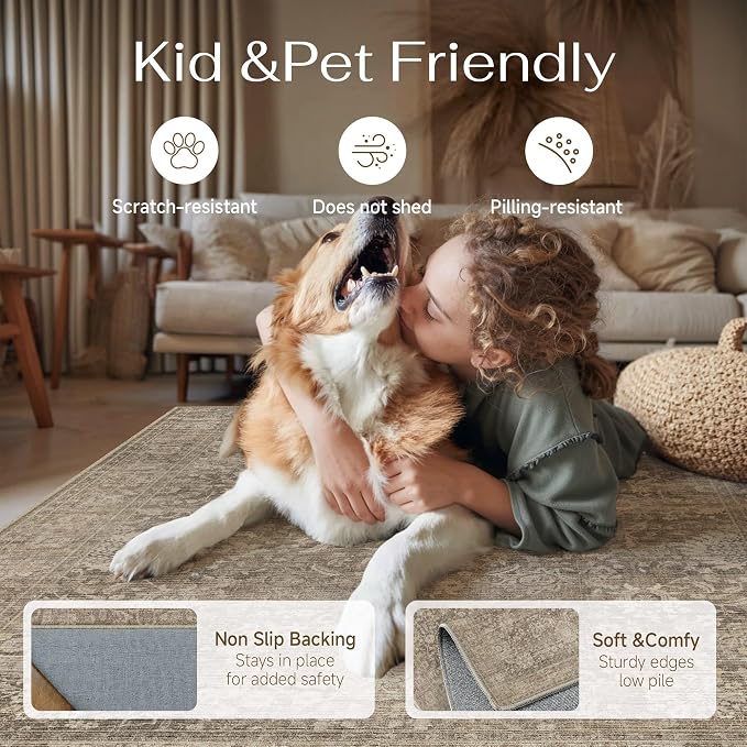 HUGEAR Area Rugs 8x10 Light Brown Washable Rug for Living Room Bedroom Large Neutral Vintage Rug Carpet Distressed Soft Durable Non Slip No Shedding for Indoor Dining Nursery Farmhouse