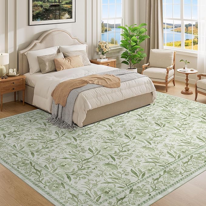 DUKINO 9x12 Area Rug for Living Room Vintage Floral Washable Rug Sage Green | Non Slip, Low Pile, Non-Shedding, Stain Resistant, Aesthetic Soft Indoor Large Carpet for Bedroom Dining Room Farmhouse