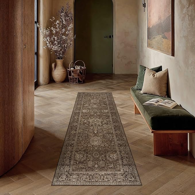 HUGEAR Entryway Rugs 2x5 Brown Washable Rug Neutral Vintage Rug Carpet Distressed Soft Durable Non Slip No Shedding for Indoor Hallway Bedroom Kitchen Dining Nursery Laundry