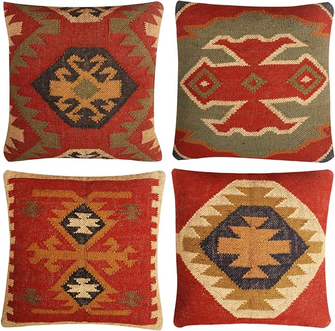 Set of 4 Wool Jute Vintage Kilim Cushion Covers,Home Decor Pillowcases Handwoven Turkish Pillow Decorative Throw Pillow Covers (Multicolor-8)