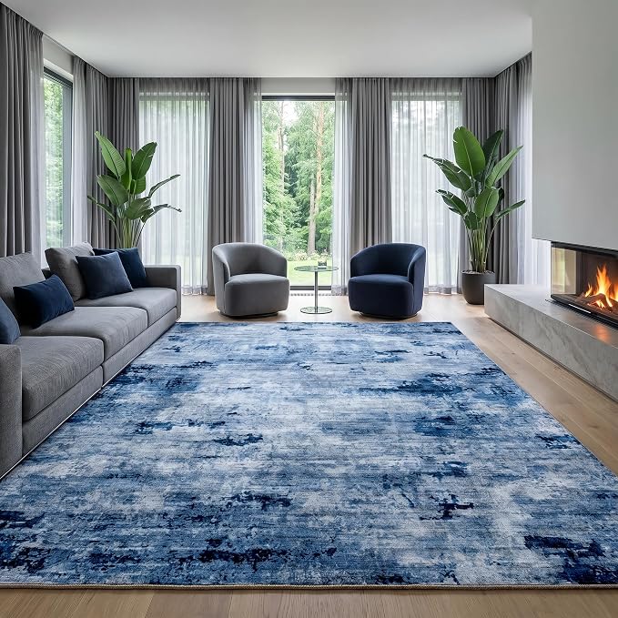 8'x10' Washable Area Rugs for Living Room Bedroom, Pet Friendly Non Slip Low Pile Rug for Hardwood Floors High Traffic Areas, Modern Abstract Stain Resistant Carpet, Blue