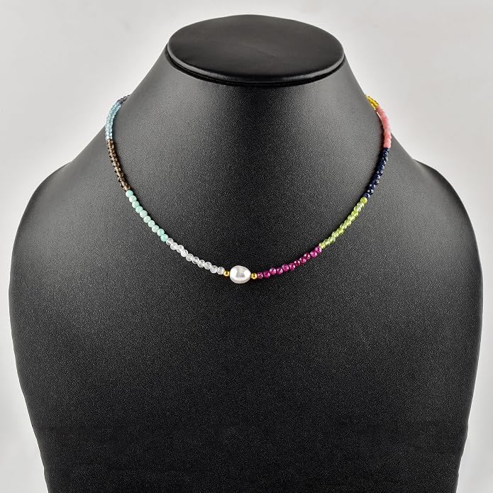 InfinityGemsArt Gemstone Gold Necklace For Women, Birthstone Natural Crystal Stone With Freshwater Pearl Beaded Jewelry, Gold Plated 18 Inch Chain