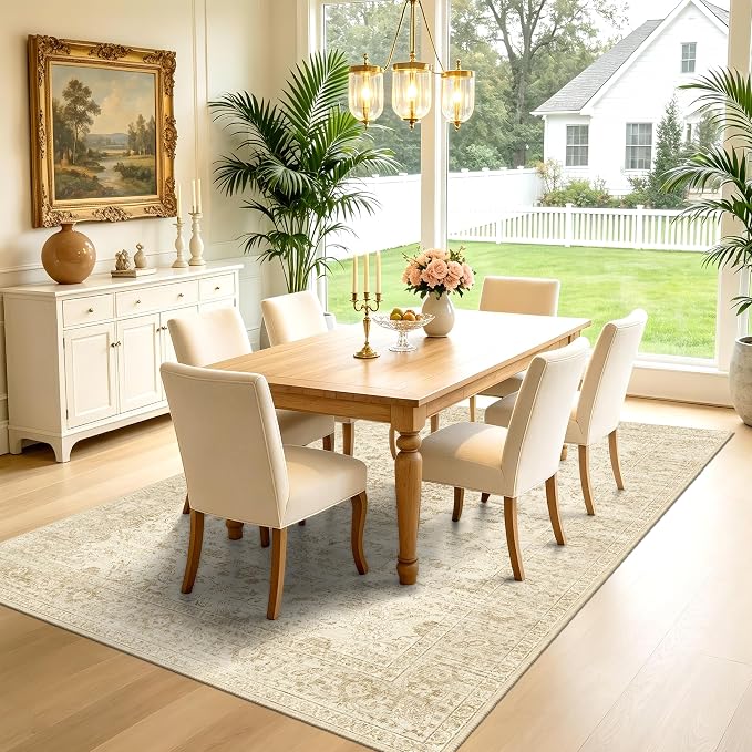 Beige Living Room Rug, Vintage Boho Washable Rug 6x9 for Bedroom | Nursery Area Rug for Dining Room, Low Pile Neutral Large Carpets With Non-Slip Silicone Backing, Non-Shedding