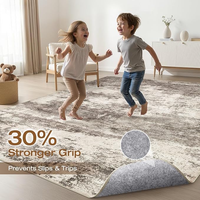 5x7 Area Rugs Living Room: Washable Large Neutral Rug Abstract Soft Modern Stain Resistant Indoor Floor Non-Slip Carpet for Bedroom Nursery Kids Office Playroom Dining Room Under Table- Mocha Brown
